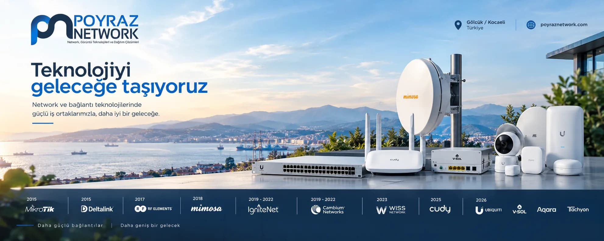 Poyraz Network products and partner brands against a panoramic city and sea view under a blue sky